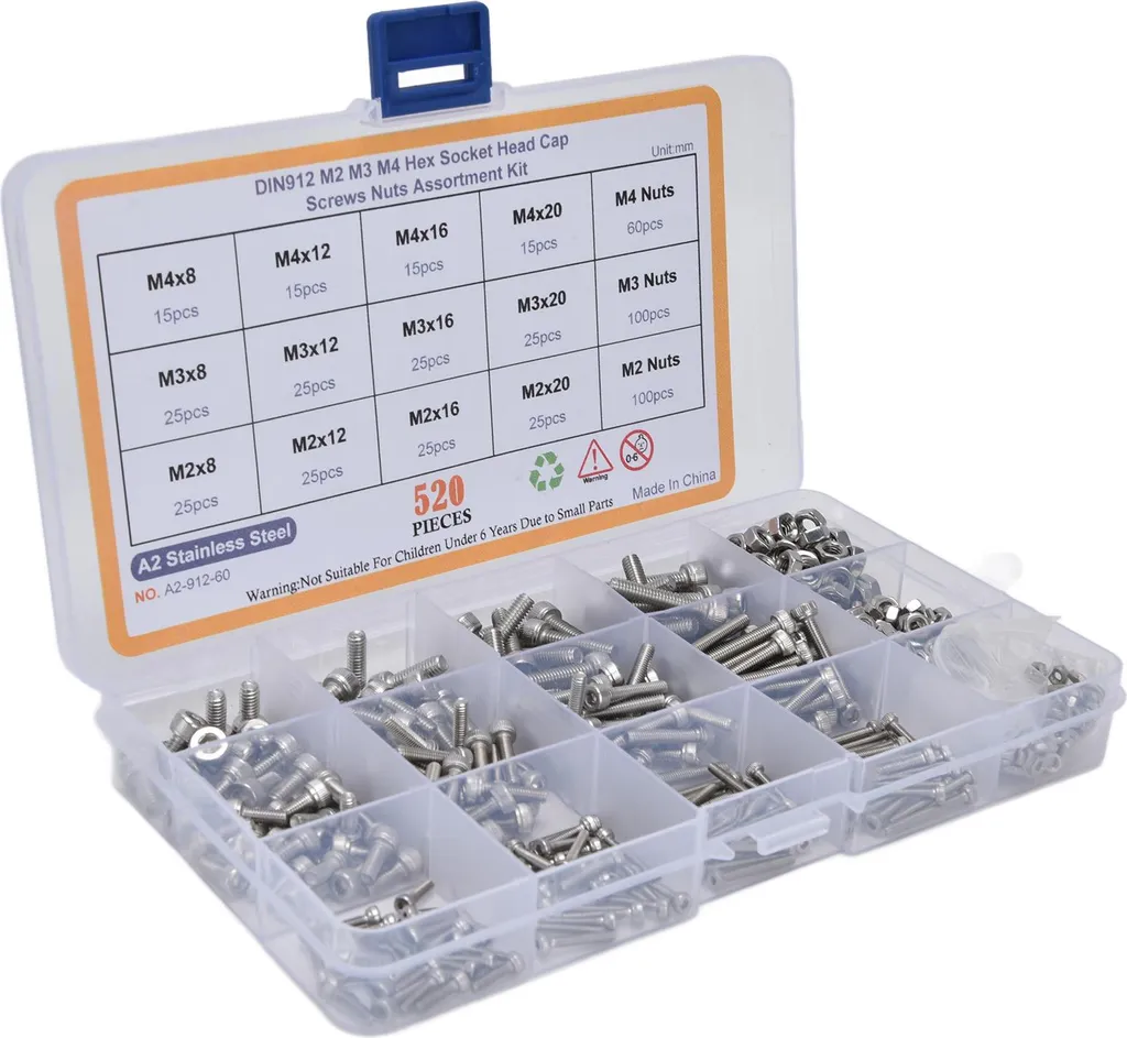 520 vis et écrous hexagonaux M2 M3 M4 en acier inoxydable 304 avec boîte