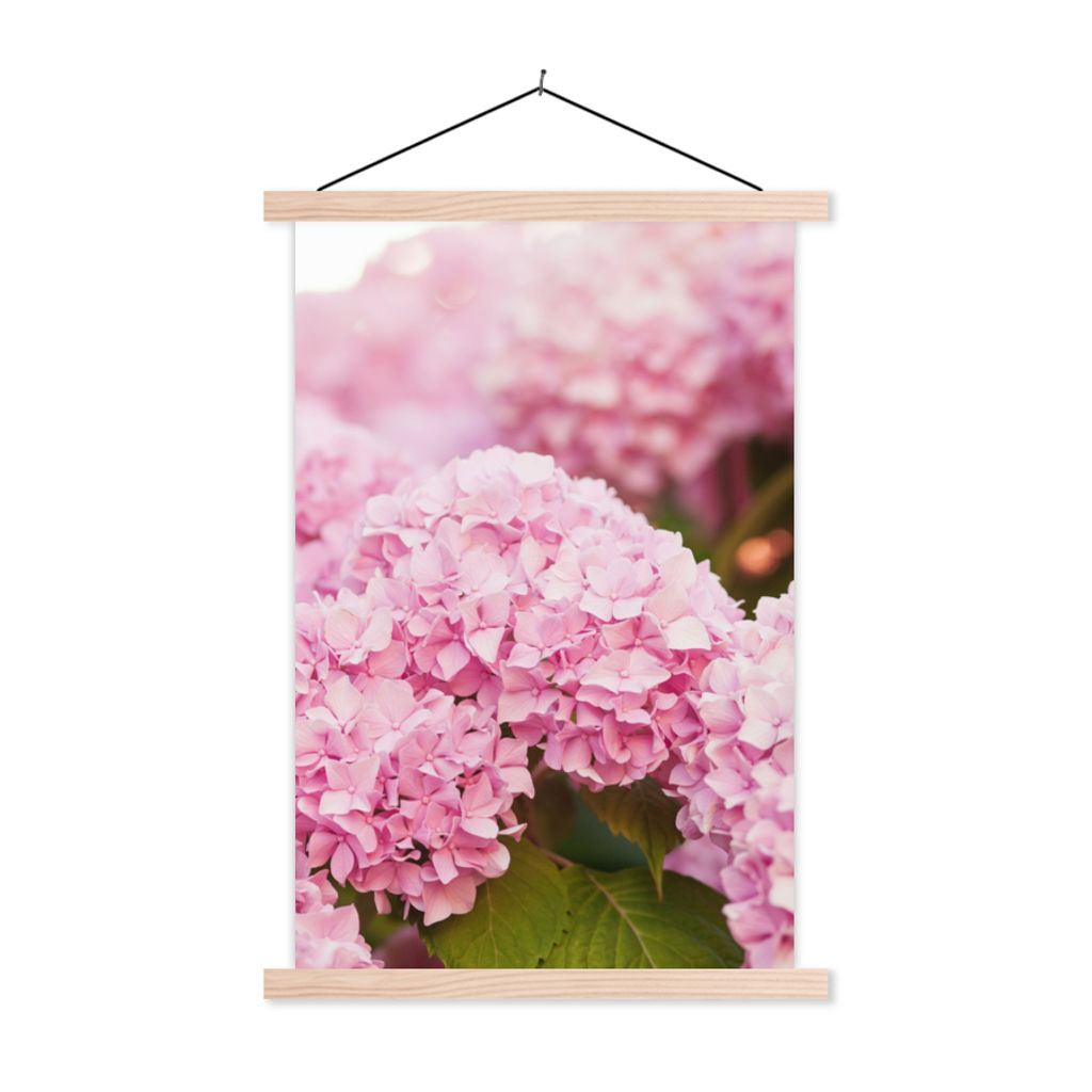 MuchoWow Textilposter Busch - Blumen - Rosa - Hortensie 60x90 cm mit holzfarbenen Rahmen - Textil