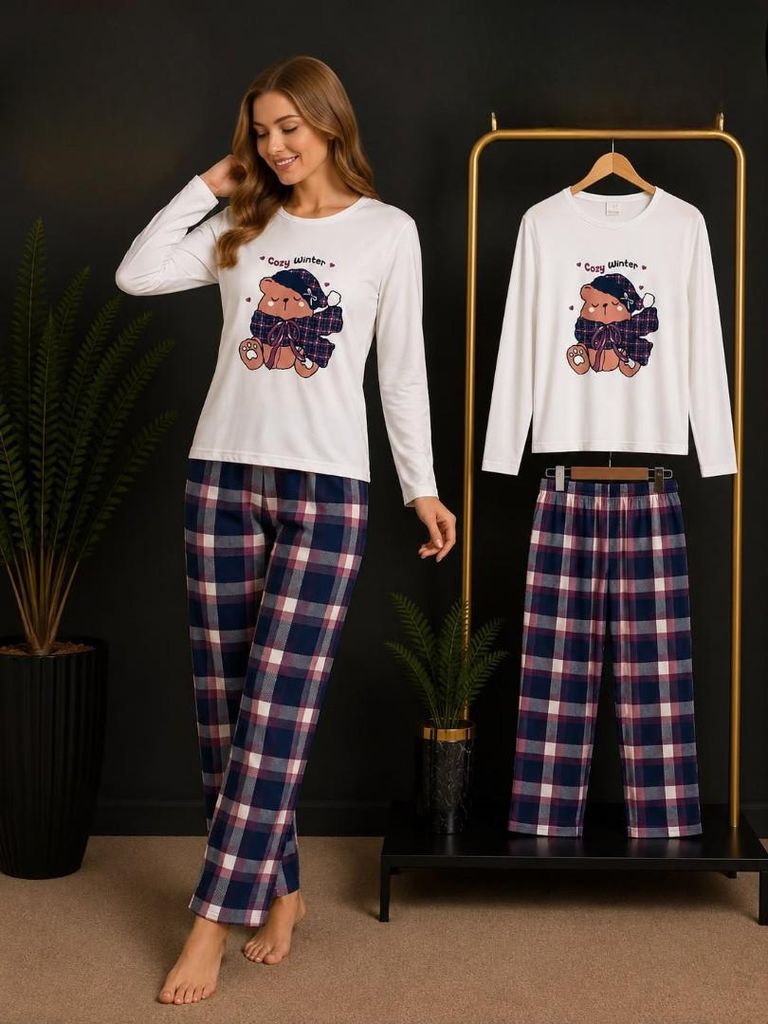 Damen Pyjama Schlafanzug Lang Weiß L 2-Teiler Set L-83 Produktbild 