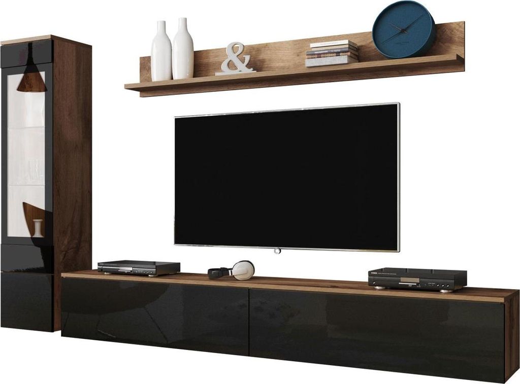MIRJAN24 Wohnwand Vera I, Stilvoll Wohnzimmer-Set, TV-Schrank, Modern Mediawand (Wotan / Schwarz Hochglanz, ohne Beleuchtung)