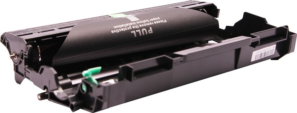 A black printer drum unit with green accents, shown from a diagonal angle against a white background.