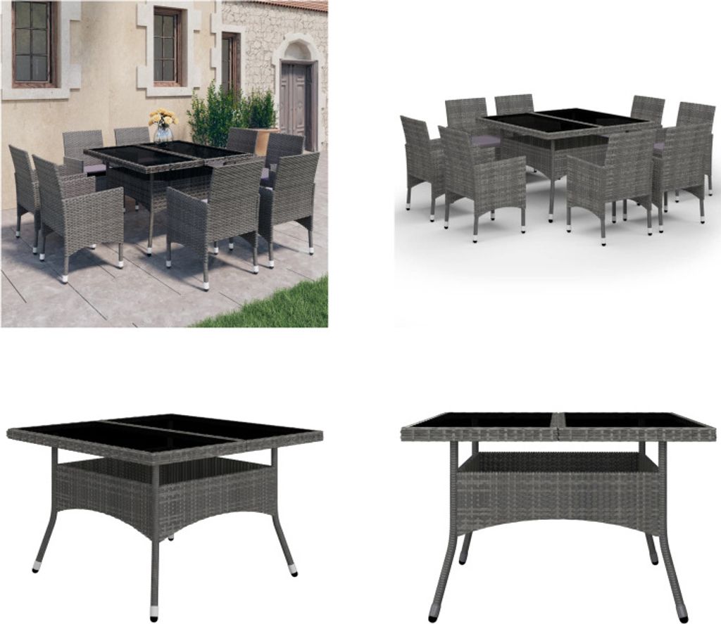 vidaXL 9 tlg. Garten Essgruppe Poly Rattan und Glas Grau - Gartenmöbel Set - Gartenmöbel Sets - Garten Essgruppe - Garten Essgruppen
