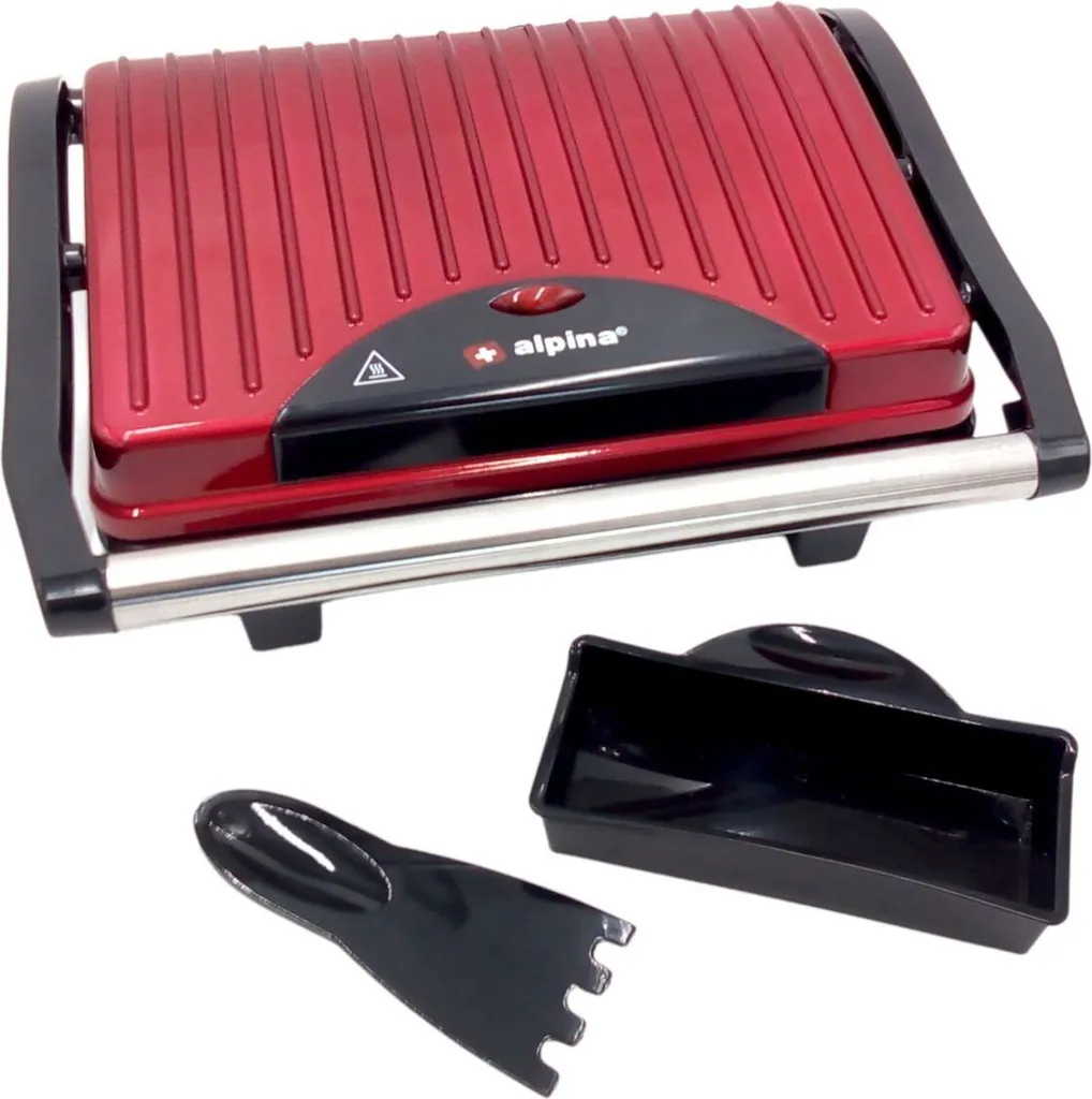 Gril de Contact 1000W Alpina Noir et Rouge à Revêtement Antiadhésif Durable