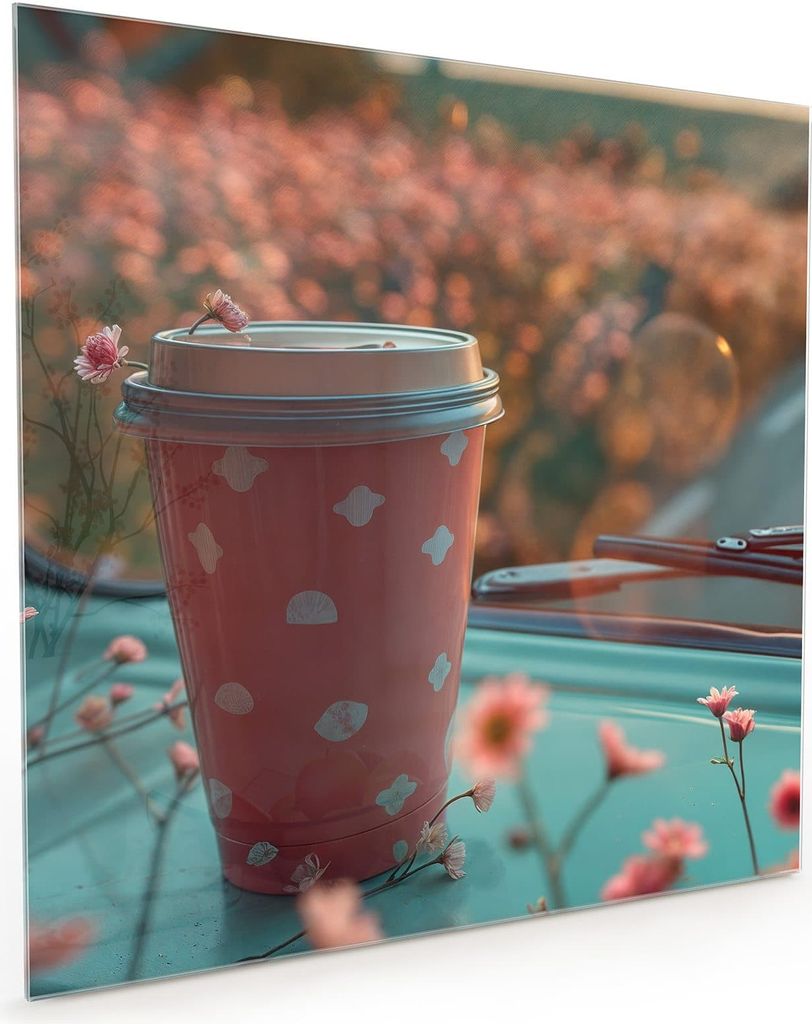 Küchenrückwand Spritzschutz Glas mit Motiv Kaffeebecher im Bus 40 x 40 cm