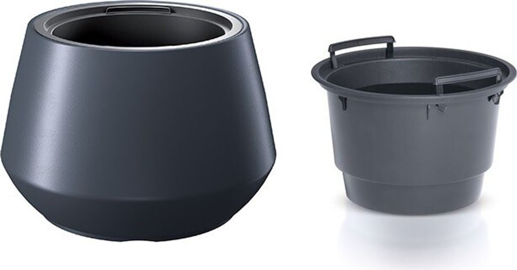 Two dark gray planters are shown against a white background. The planter on the left is a large, rounded pot with a wide opening. The planter on the right is a smaller, bucket-like container with handles.