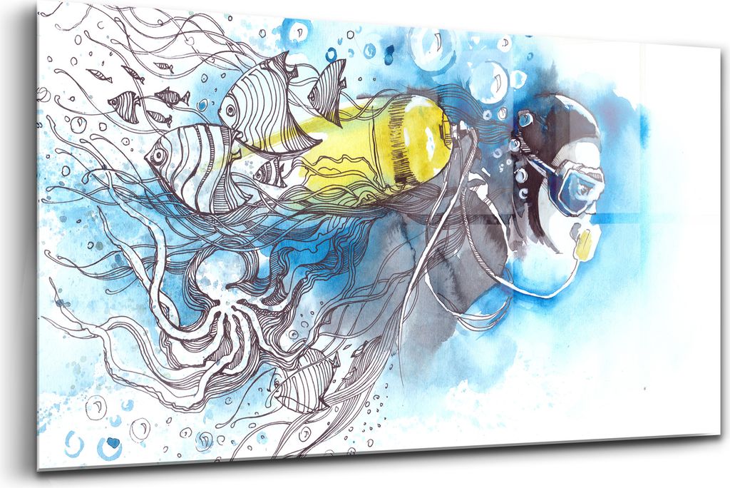 120x60 - Glasbilder - Bilder auf Wandbild - Foto auf Glas - Unterwasserleben Taucher zwischen Fischen