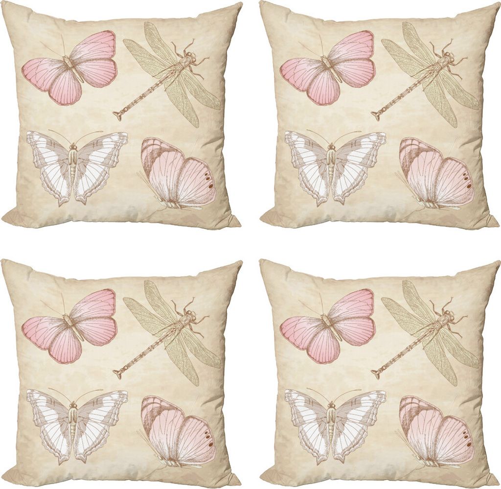 ABAKUHAUS Jahrgang Kissenbezug Set (4 Stück), Retro Schmetterlinge Bugs, Moderner Doppelseitiger Digitaldruck, 60 cm x 60 cm, Hellrosa und Hellgrau