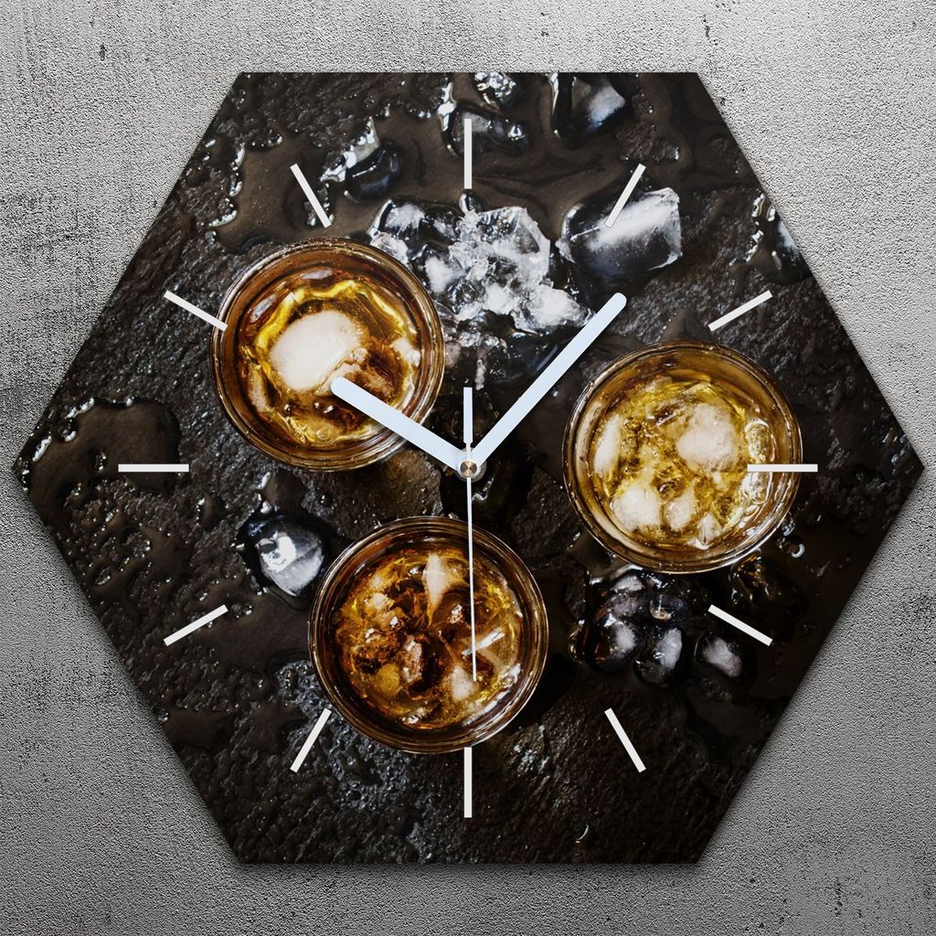 Uhr hexagonal 40 cm Glas Geräuschlos weiße Zeiger - Whisky Glas