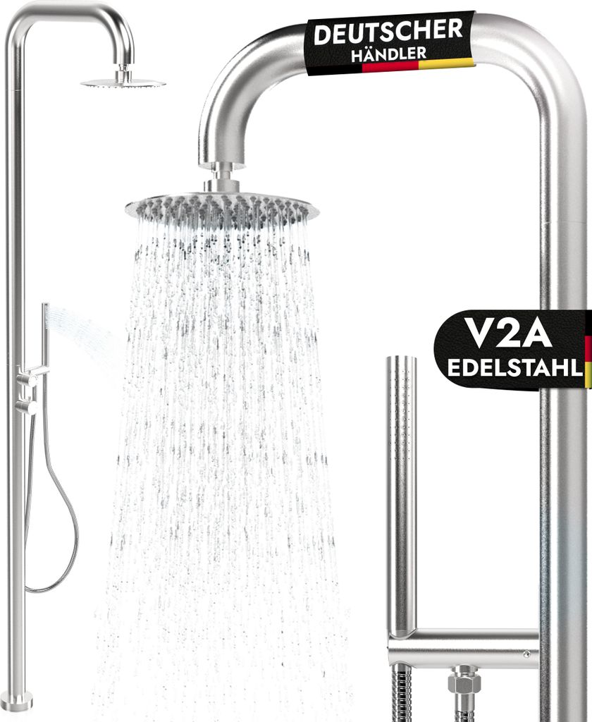 Gartendusche aus V2A Edelstahl mit 2 Anschlüssen Warmwasser und Kaltwasser mit Handbrause Outdoor Sauna Dusche Pool