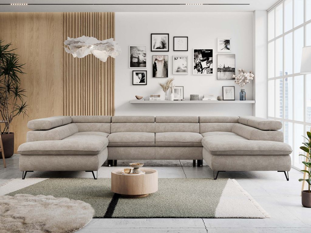 Ecksofa, Universelles, Schlaffunktion, Bettkasten, U-förmig, einstellbare Kopfstützen, Bettsofa - PETER U - Struktur - Beige