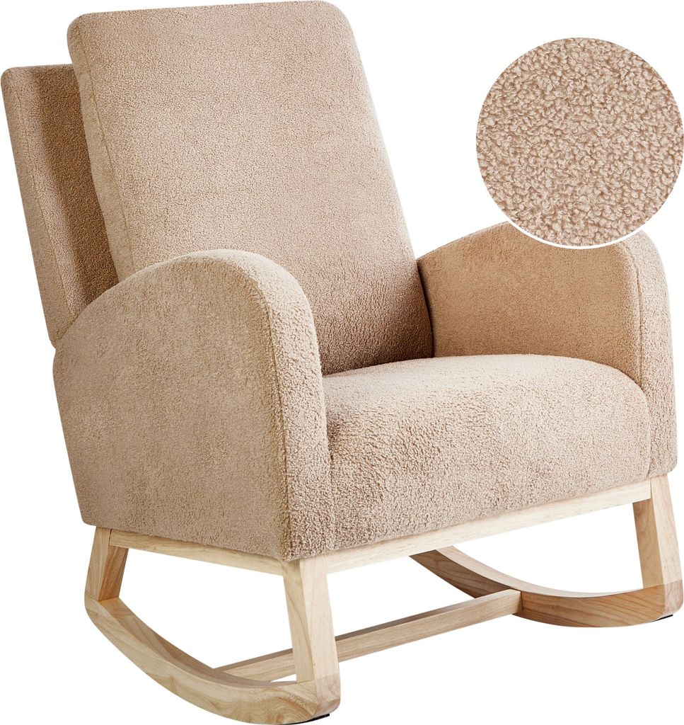 BELIANI Schaukelsessel Beige aus Bouclé Stoff Gepolstert mit Armlehnen Gummibaumholz Beine Hellbraun Wohnzimmer Babyzimmer Schaukelstuhl