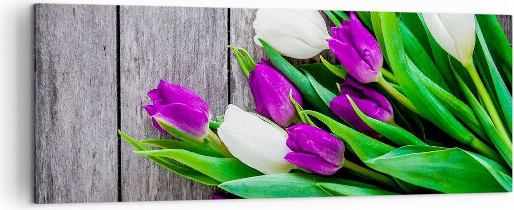 Bild auf Leinwand - Leinwandbild - Tulpen Holz Blumenstrauß Blumen - 140x50cm - Wand Bild - Wanddeko - Leinwanddruck - Bilder - Kunstdruck - Leinw...