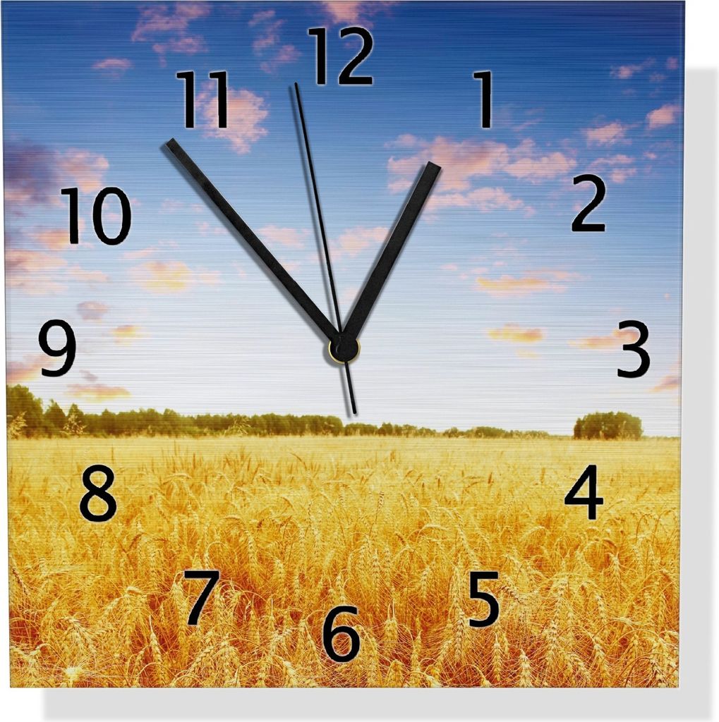 Wallario Design Wanduhr Weizenfeld unter blauem Himmel aus Aluverbund, Größe 30 x 30 cm