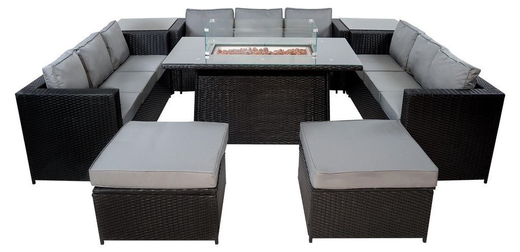Rattan Gartenmöbel 11-Sitzer Schwarz Polyrattan 3 Sofas 2 Sessel Gas Feuerstellen Esstisch 2 Beistelltische 8-teilig Outdoor UV-beständig Kissen ...