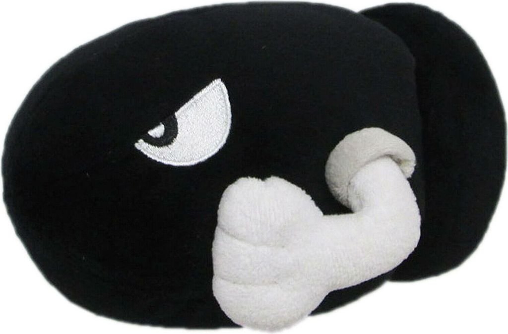 A plush toy of a Bullet Bill character from the Super Mario video game series.