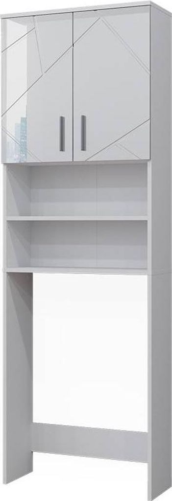 A white high-gloss washing machine cabinet with geometric patterns on the doors.