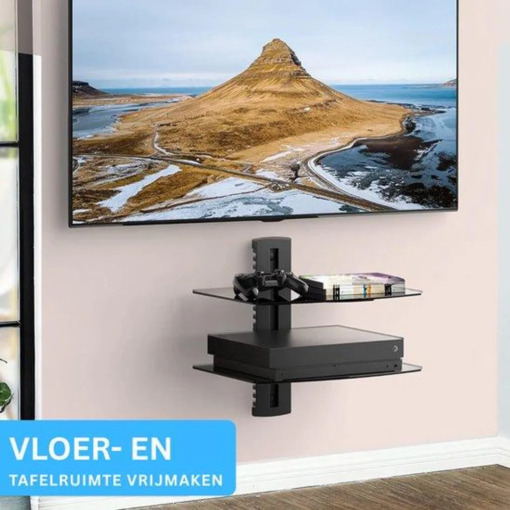 Support Mural TV avec Double Tablette en Verre Noir Réglable JustValue - 7