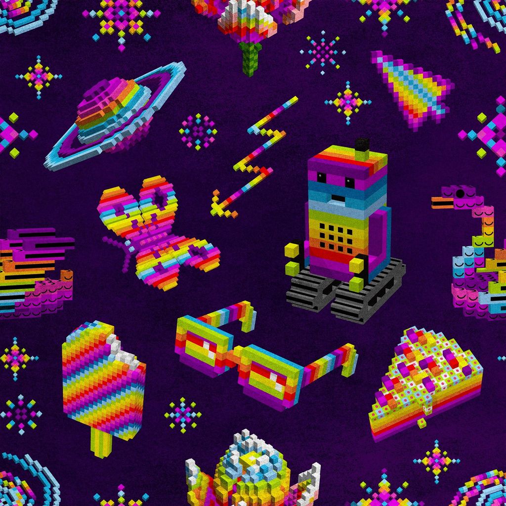 Royal Samt Stoff Polyester Zum Nähen - Motiv Regenbogen-Pixel