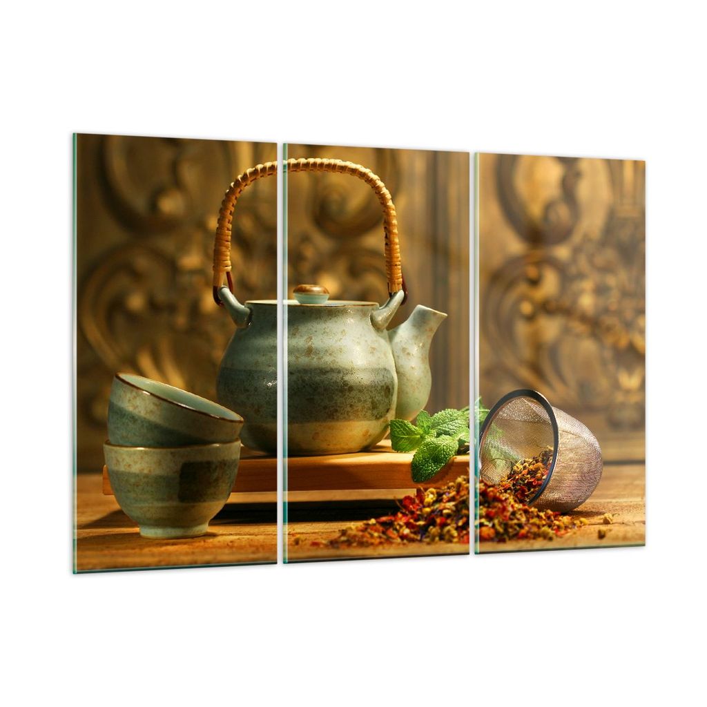 Bilder auf glas - Tee Kräuter Tassen Tradition - 105x70cm - Glasbilder - Wandbilder - Kunstdruck - zum Aufhängen bereit - Wanddekoration aus Glas...