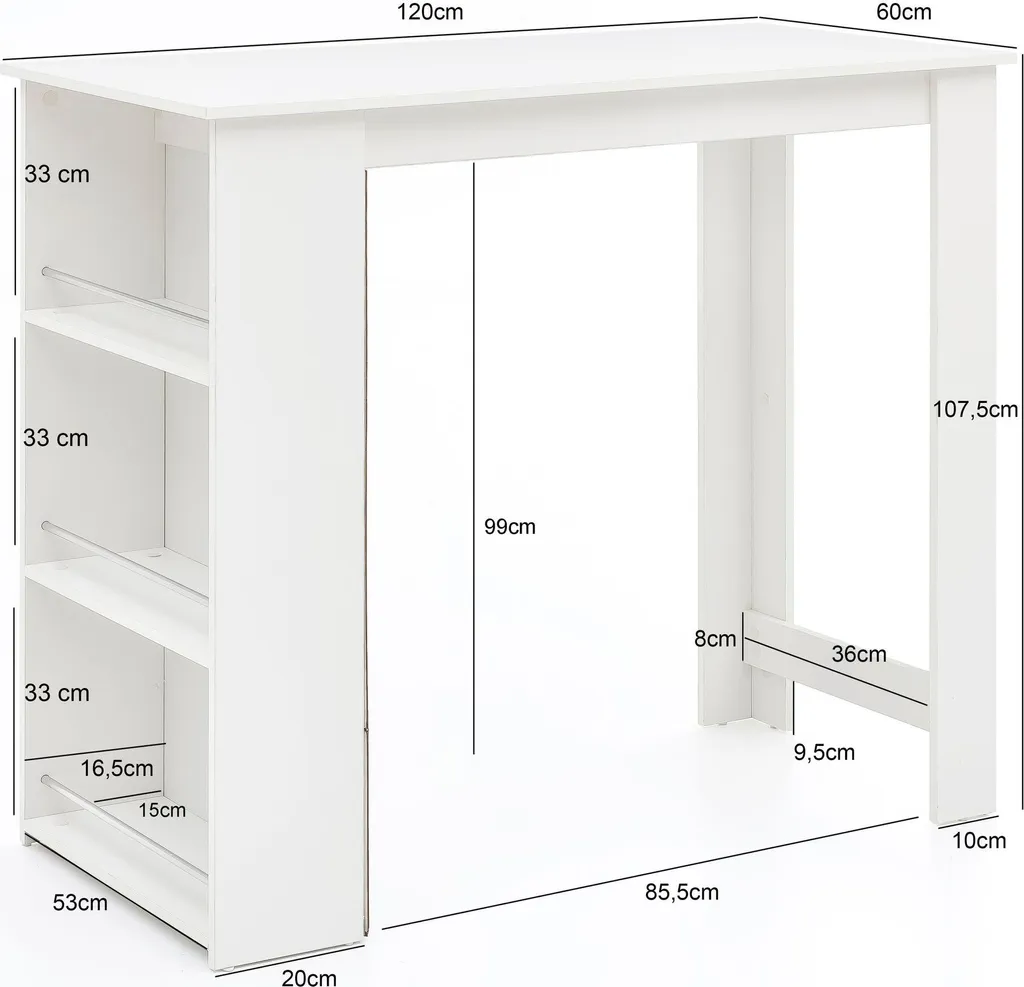 Table Haute de Bar en Bois Blanc 120 x 60 cm Stable et Robuste