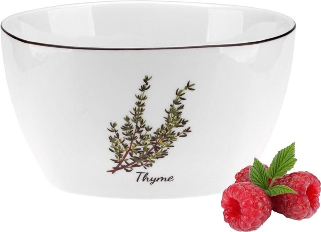Salatschüssel aus Porzellan PROVENCE THYME, 800 ml, milchig-weiß, farbenfroher Aufdruck mit Thymianzweig, schwarzer Rand, New Bone Porzellan