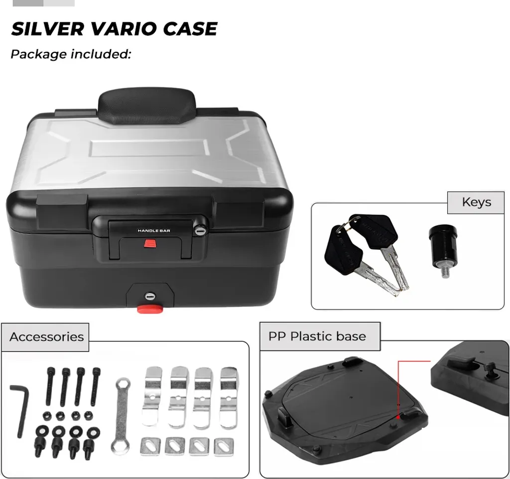 Coffre à bagages universel pour moto étanche en aluminium argenté 45L - 2