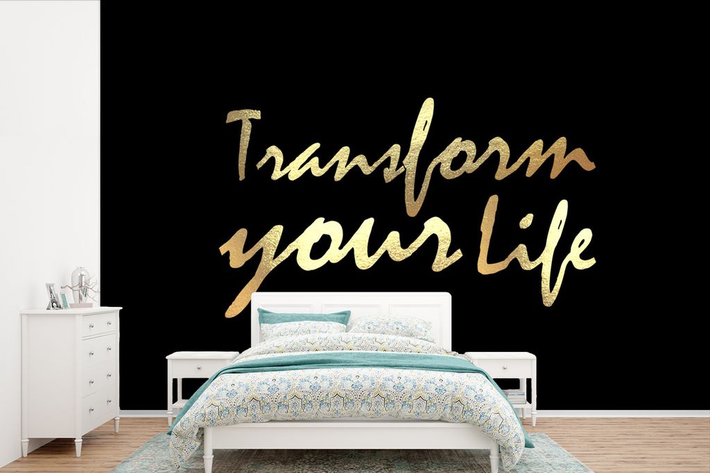 MuchoWow Fototapete für Wohnzimmer oder Schlafzimmer Wandtapete Vinyl Motivtapete Zitat - Leben - Gold - Schwarz - 450x300 cm - Gemusterte