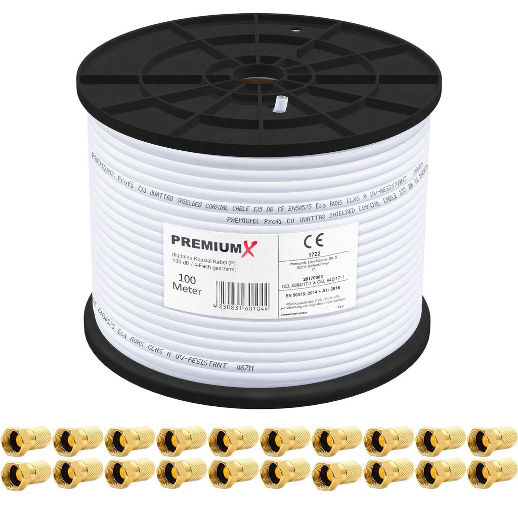 PremiumX 100m Koaxial Kabel 135dB 4-fach REINES Kupfer 20x Produktbild 