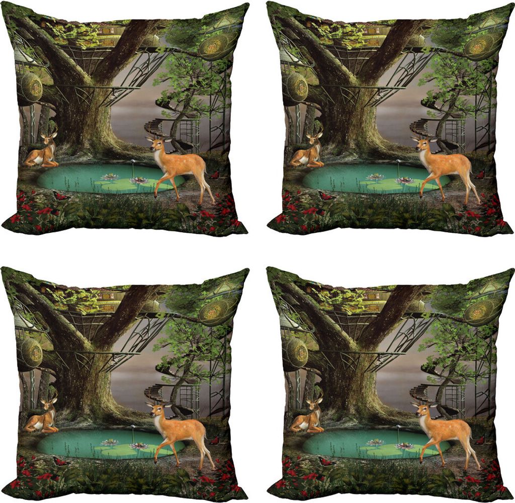 ABAKUHAUS Natur Kissenbezug Set (4 Stück), Abstrakt Deer und Tree House, Moderner Doppelseitiger Digitaldruck, 50 cm x 50 cm, Mehrfarbig