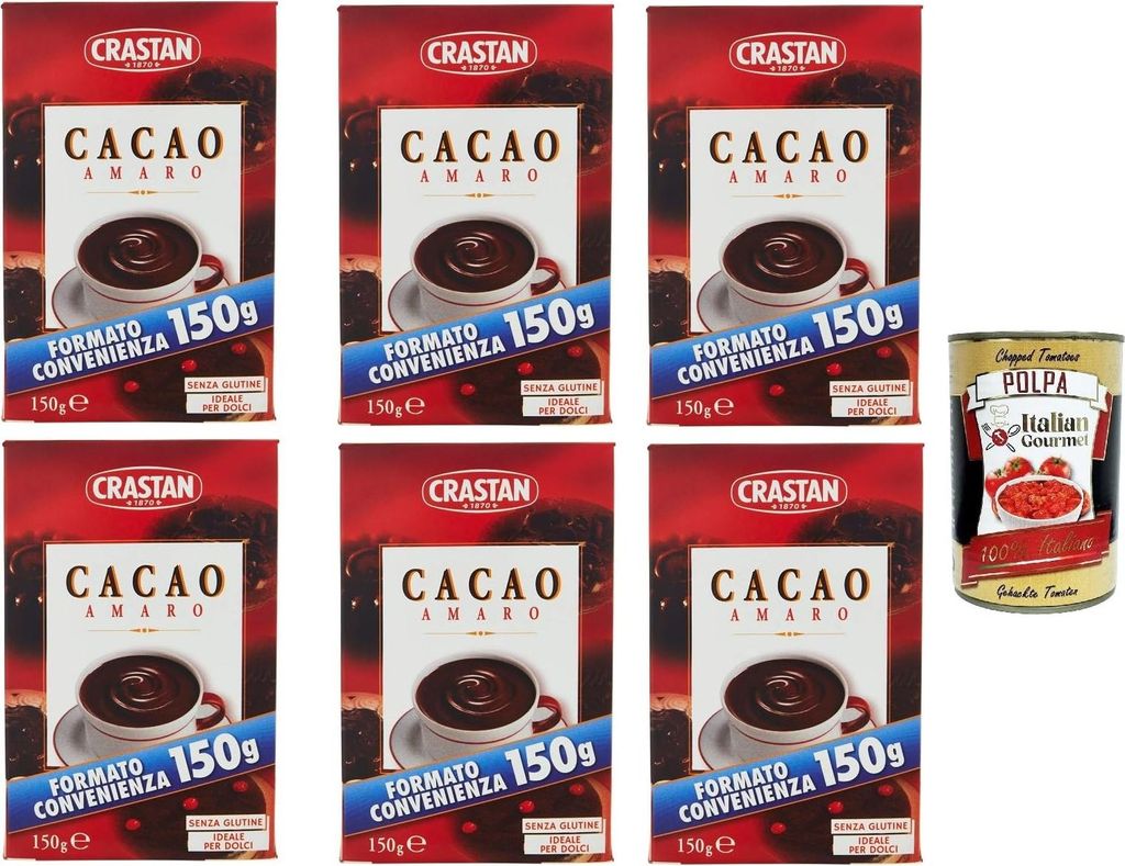Crastan, cacao in polvere, Kakaopulver, Ideal für süß und cakes, gluten free 6x 150g + Italian Gourmet polpa 400g