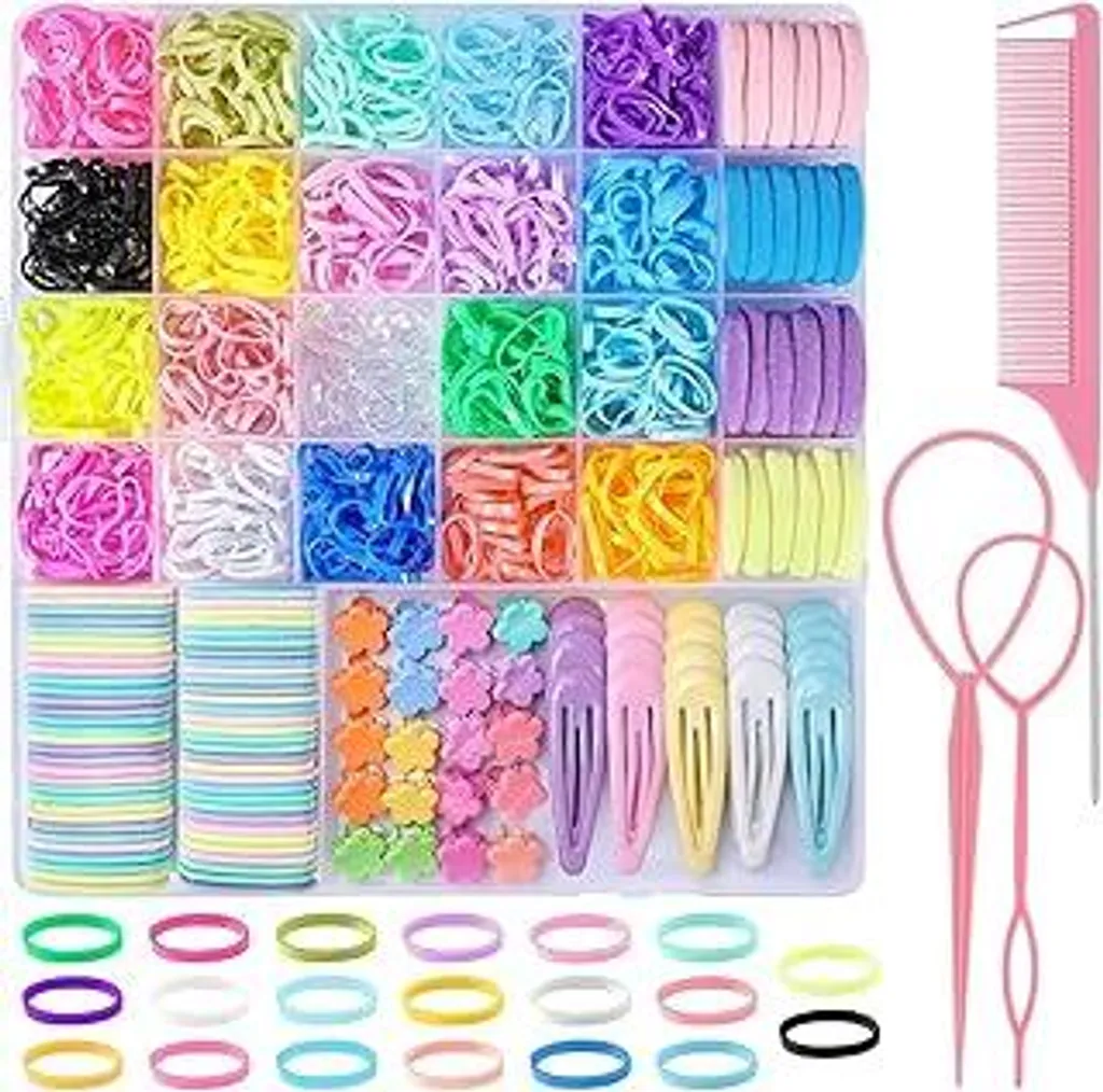Yoosso Set di 1504 piccoli elastici per capelli, elastici colorati con 40 fermagli per capelli e accessori per trecce Elastici per capelli per ragazze Regali di Natale (20 colori)