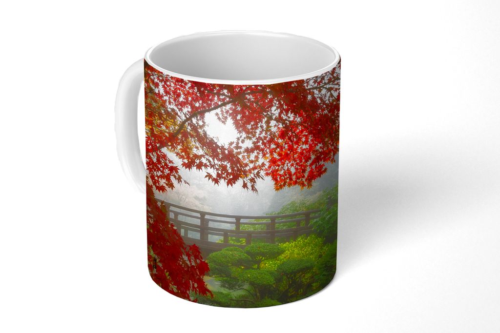 KitchenYeah Tasse Kaffeetasse Kaffeebecher 350 ml Japanischer Ahorn - Bäume - Brücke - Natur - Japanisch Teetasse - Fototasse - Becher - Kerami...