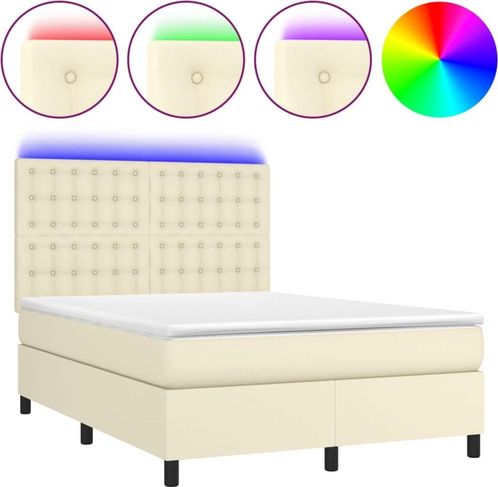 vidaXL Boxspringbett mit Matratze & LED Creme 140x200 cm Kunstleder
