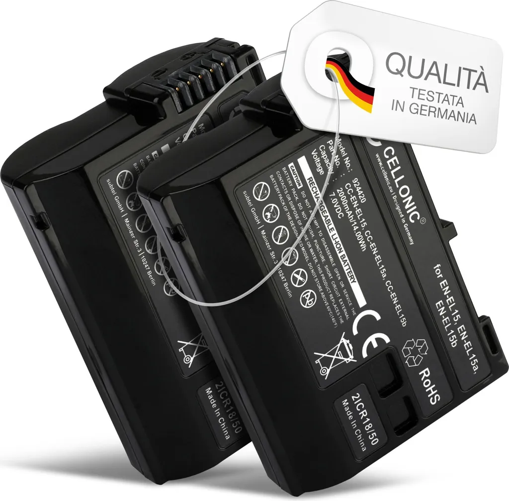 CELLONIC, Batteria per Fotocamera, compatibile con Nikon EN-EL15c, EN-EL15, D750, D850, D500, D7500 (7.0V, 2000mAh) 2 Pezzi