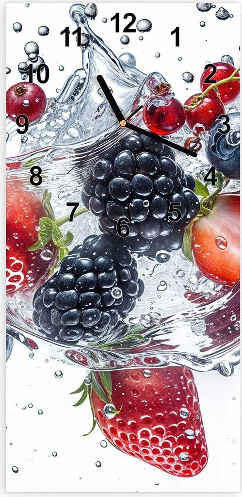 Wanduhr aus Glas mit Motiv Beeren im Wasser- 30 x 60 cm - inkl. Aufhängesystem