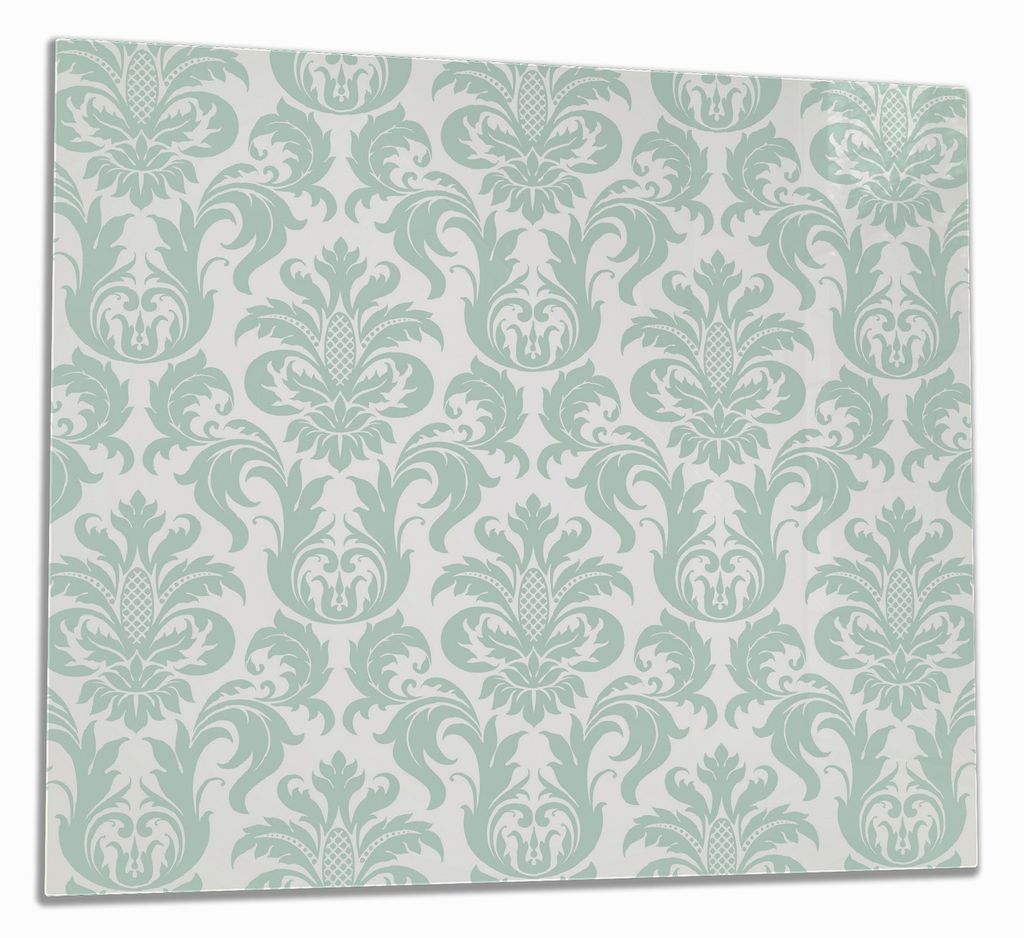 Wallario Herdabdeckplatte aus Glas, Größe 60 x 52 cm 1-teilig, Motiv Königliche Schnörkelei in weiß und grün