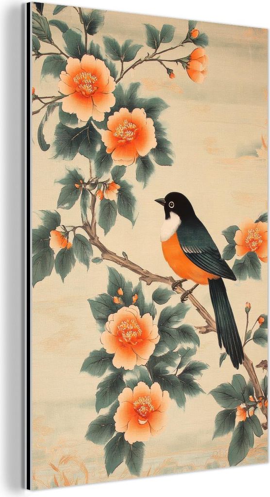 MuchoWow Wanddekoration Metall Metallbild Wandkunst 80x120 cm Vogel - Zweig - Blumen - Orange MuchoWow Aluminium Gemälde - Bilder