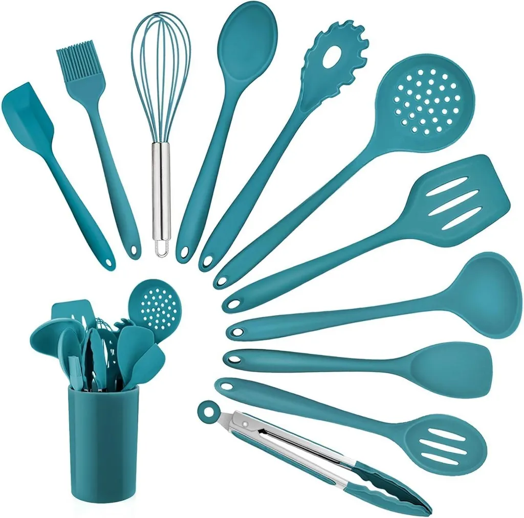 Kit ustensiles de cuisine silicone bleu anti-adhésif pour batterie inox
