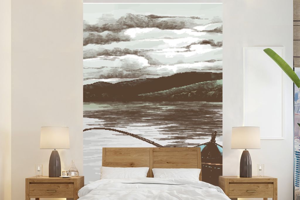 MuchoWow Fototapete für Wohnzimmer oder Schlafzimmer Wandtapete Vinyl Motivtapete Boot - Angelrute - Meer - 180x280 cm - Wallpaper