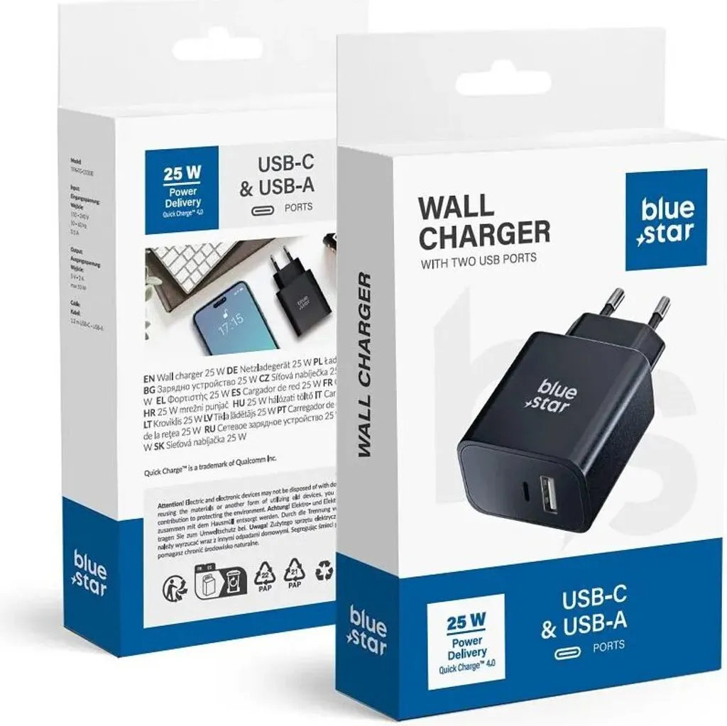 Caricabatteria da viaggio con prese USB C+USB-A PD QC4.0 3A 25W TFB-TC-25WPD nero