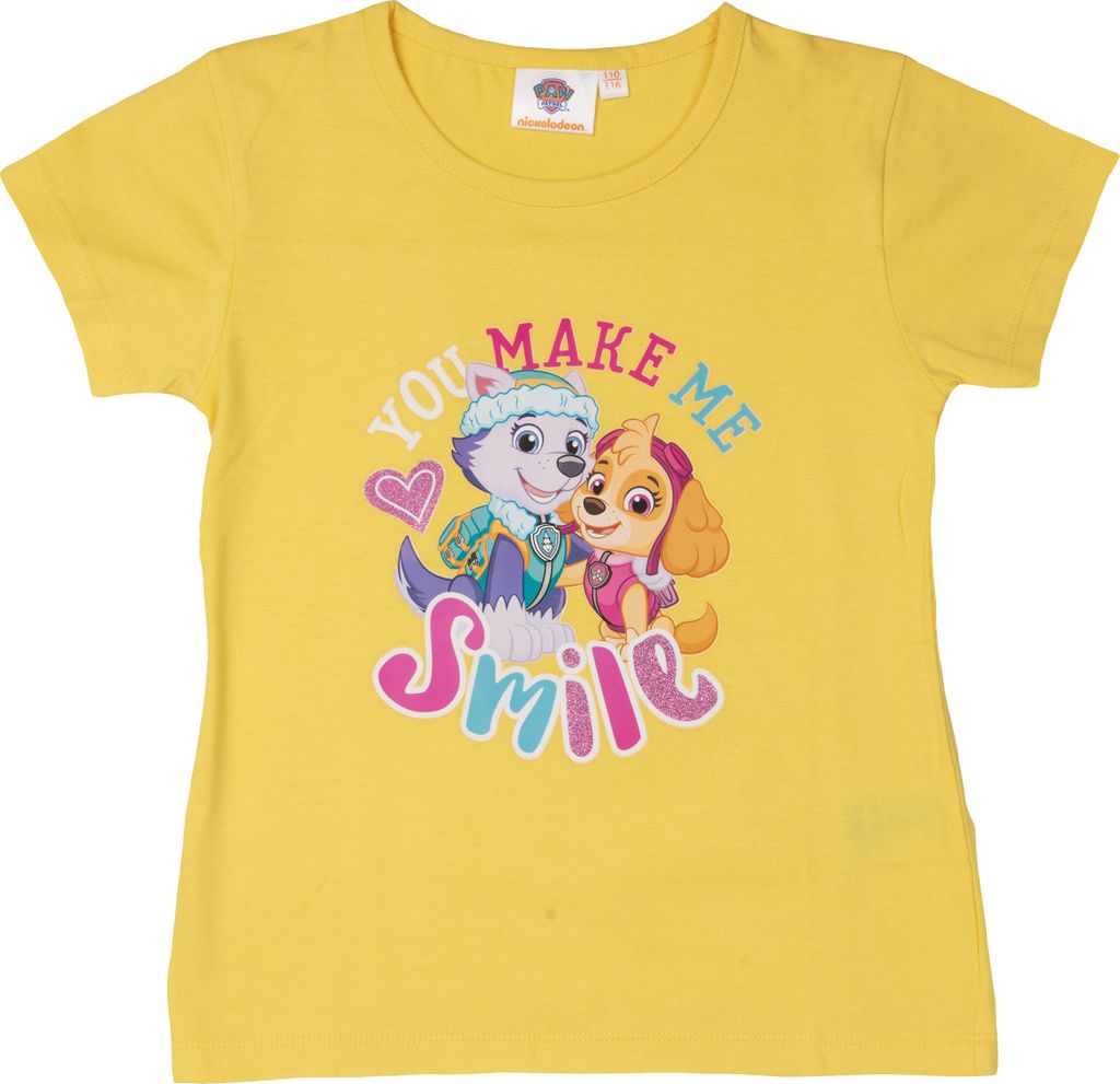 Paw Patrol T-Shirt für Mädchen Skye & Everest - You make me smile mit Glitterprint Oberteil kurzärmlig Gelb 98-104