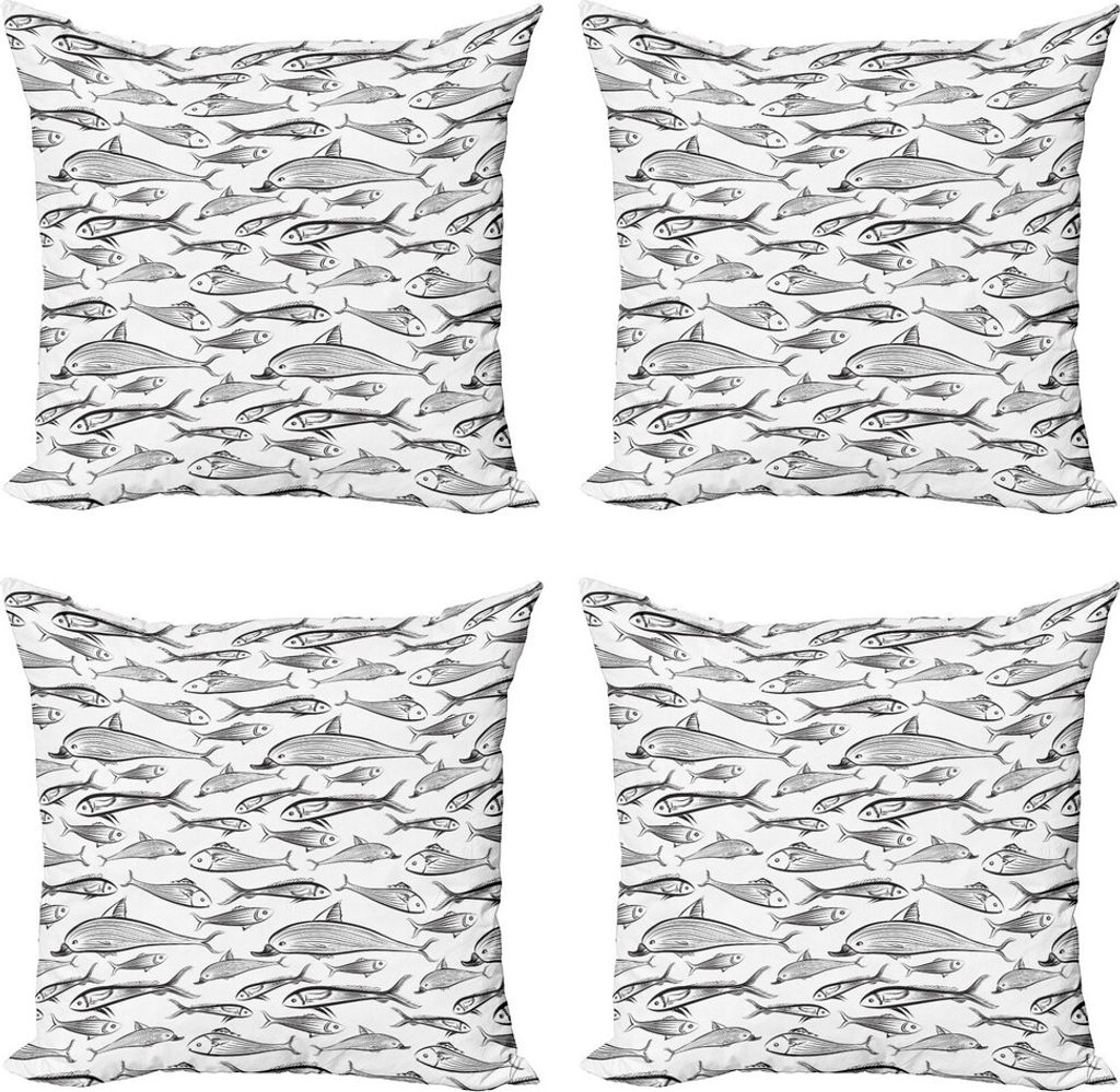 ABAKUHAUS Fisch Kissenbezug Set (4 Stück), Skizze der Unterwasser-Leben, Moderner Doppelseitiger Digitaldruck, 40 cm x 40 cm, Charcoal Grau Weiß