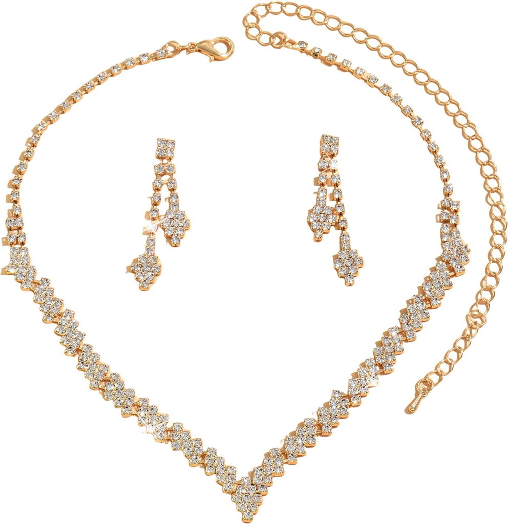 1 Set Damen Halskette Ohrringe Set Strass Verstellbar V-förmiger Halsschmuck Kupfer Quaste Hängende Ohrringe Braut Hochzeit Abschlussball Party S...