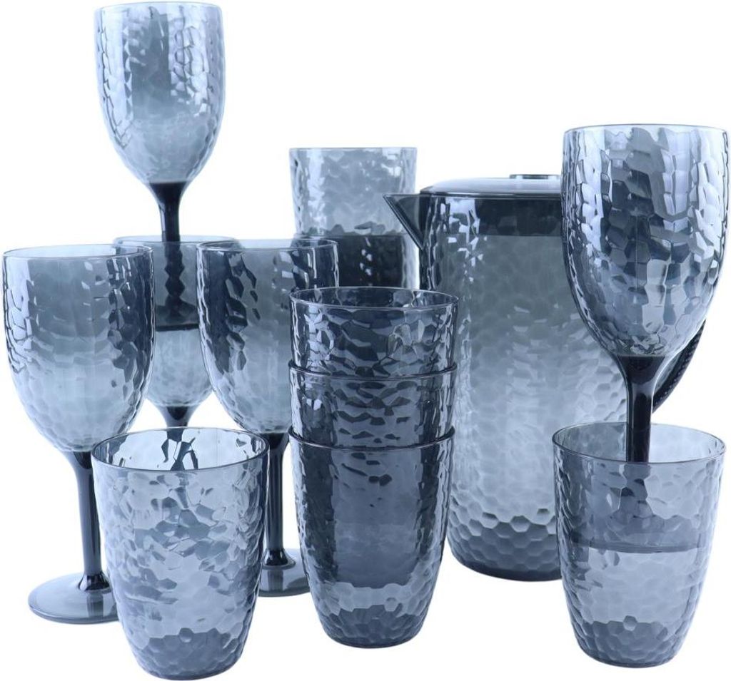 OTIX Kunststoff-Trinkgläser Weingläser Limonadenkrug 13-teilig Wiederverwendbares Wasserkrug Trinkglas Limonadengläser Grau ZEPHYR