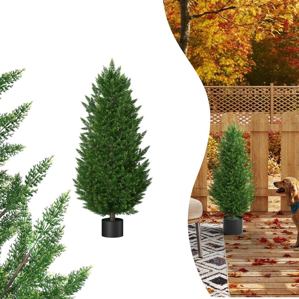 UISEBRT 2er Set Kunstpflanzen 90cm im Topf - Künstliche Zeder & Buchsbaum, UV-beständig für Garten, Balkon, Terrasse, Wohnzimmer, Büro