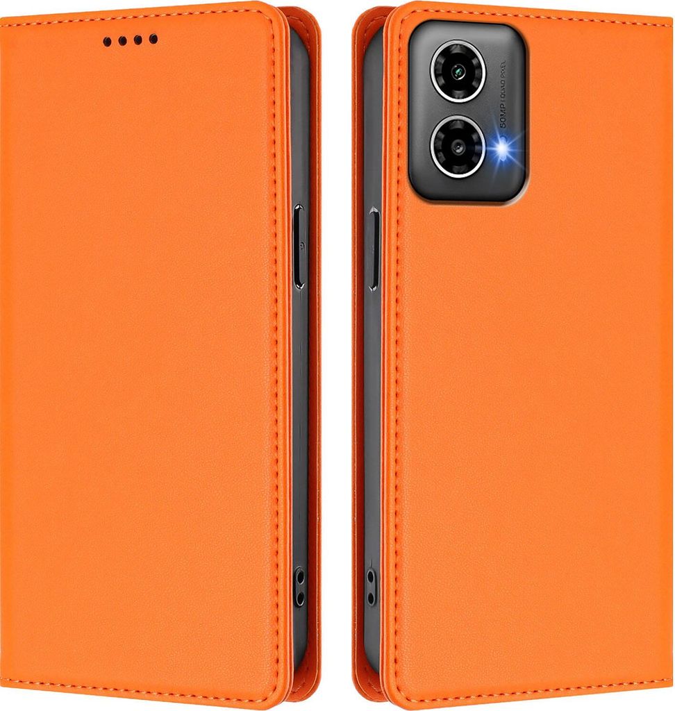 Handyhülle für Motorola Moto G34 / Moto G45, Kunstleder Klapphülle Stoßfeste Magnetische Hülle mit Ständer Orange
