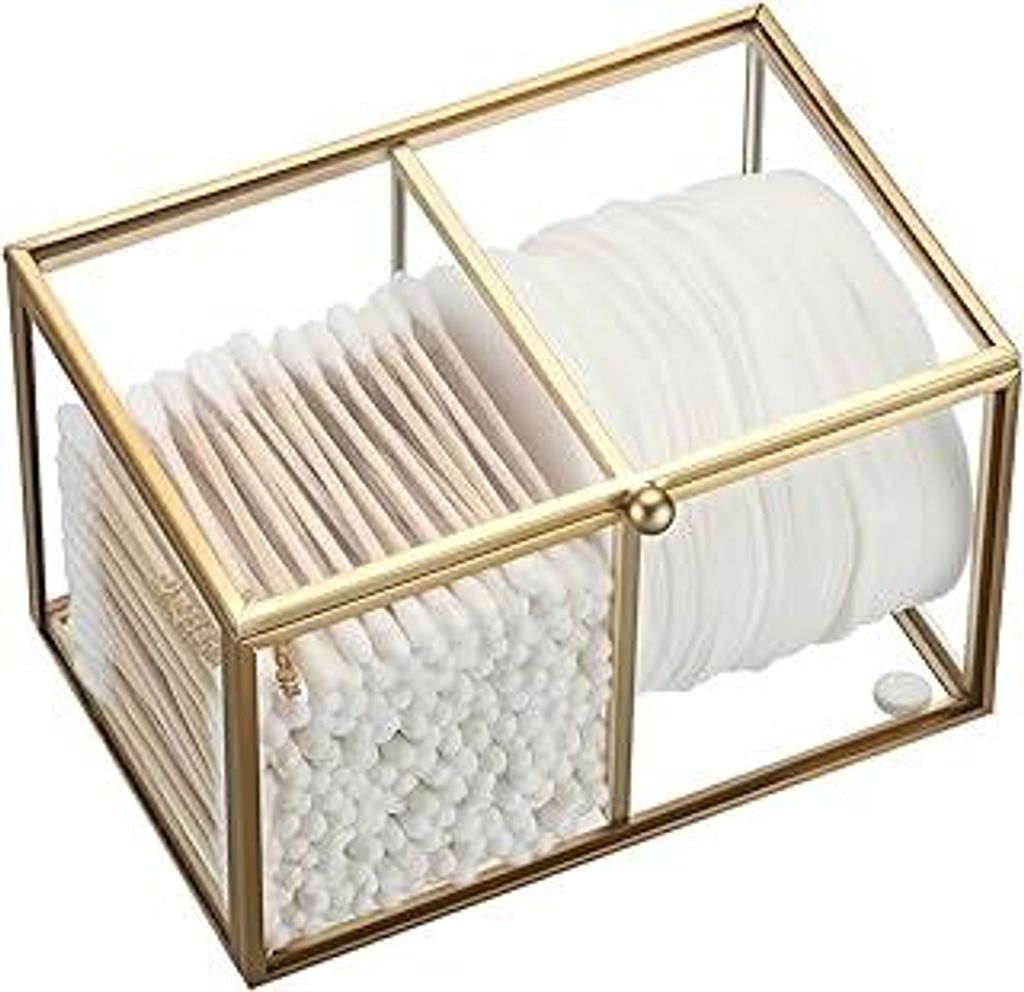 Wattestäbchen Behälter Wattepadspender aus Glas Schminktisch Wattepads Organizer 2 Fächern Make Up Box für Badezimmer, Wohnzimmer Deko Glasbeh...