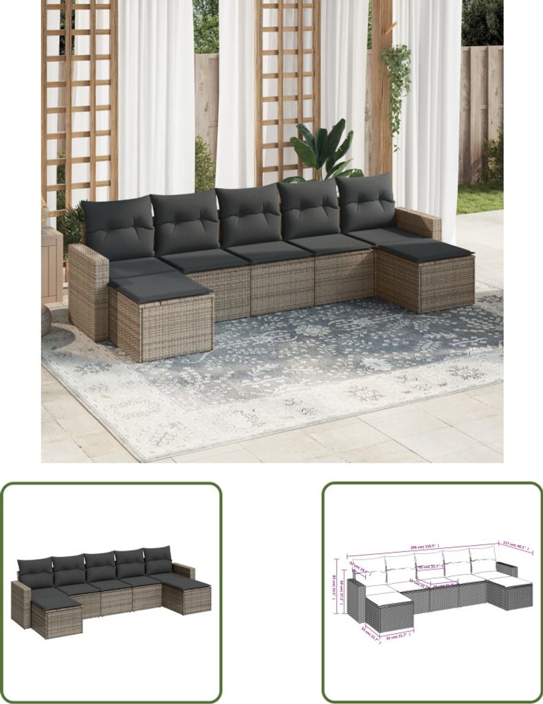 The Living Store 7-tlg. Garten-Sofagarnitur mit Kissen Grau Poly Rattan