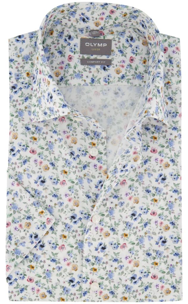 OLYMP Luxor Comfort-Fit-Hemd, kurze Ärmel, Dobby, weiß mit blau-rosa Blumenmuster