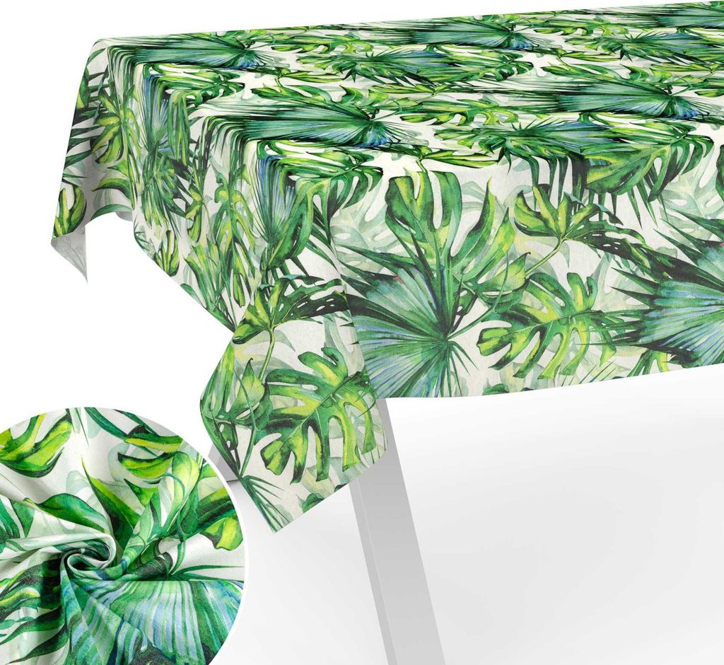 Tischdecke Palmblätter aus Textil mit Exclusiven Motiven wasserabweisend Tischtuch Tischwäsche Aquarell Grün Breite 140cm Länge 120cm mit Schni...